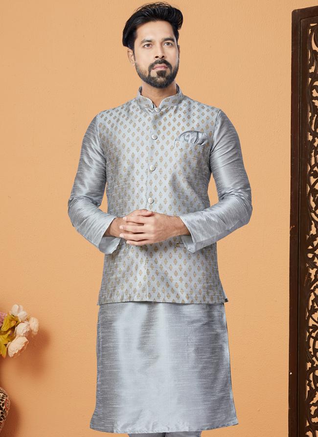 Banarasi Dhupion Grey Wedding Wear Banarasi Work Modi Jacket Kurta Pajama